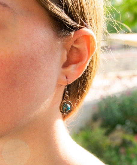 Copper Spiral Wrapped Dangle Earrings Decorated with a Bead in Turquoise and Earthy Tones