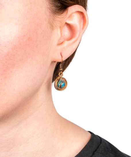 Copper Spiral Wrapped Dangle Earrings Decorated with a Bead in Turquoise and Earthy Tones