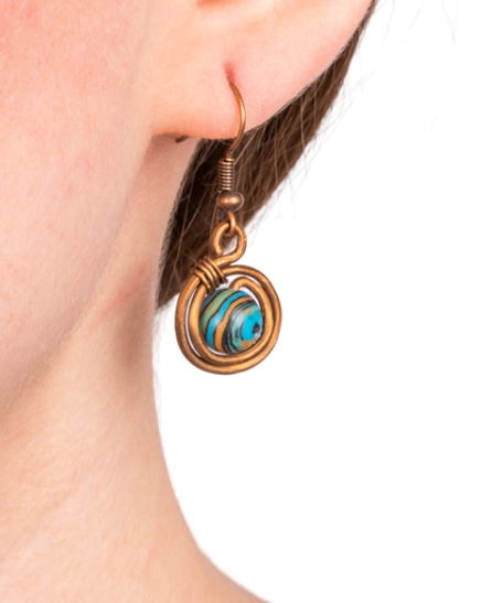 Copper Spiral Wrapped Dangle Earrings Decorated with a Bead in Turquoise and Earthy Tones