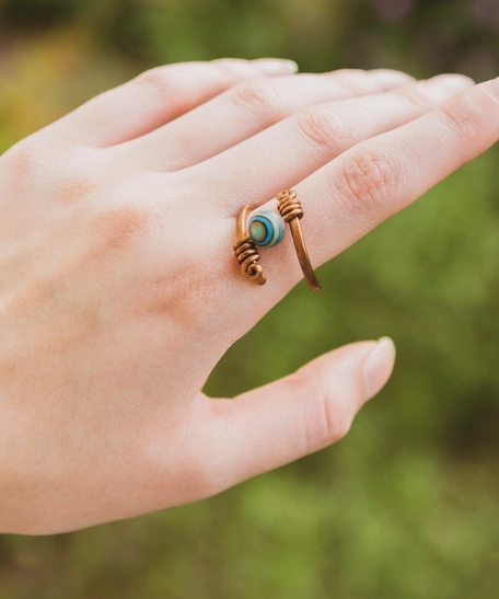 Handmade Copper Ring with a Blue Turquoise Bead in Earthy Colors