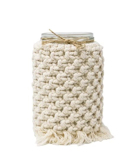 Bohemian Decorative Glass Jar with a Crochet Cover in Beige