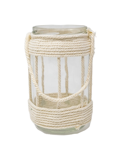 Glass Lantern Decorated with Beige Macrame Threads