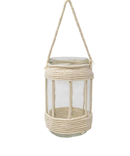 Glass Lantern Decorated with Beige Macrame Threads