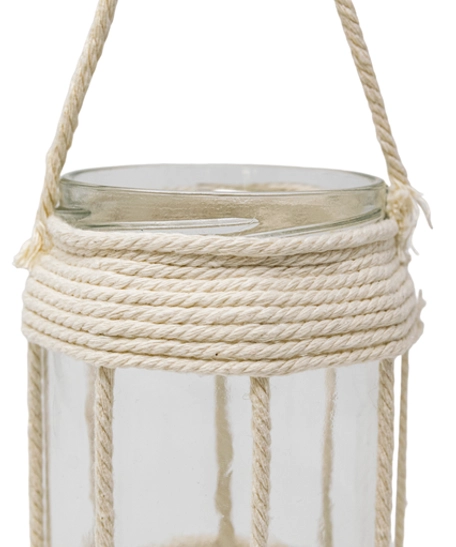 Glass Lantern Decorated with Beige Macrame Threads