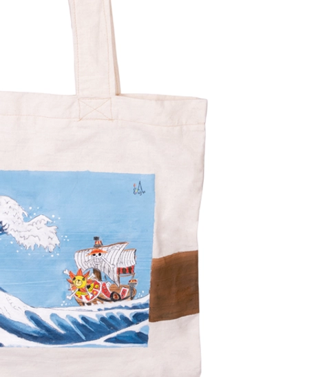 Beige Square Tote Bag with Hand Drawing of the Famous One Piece Anime Ship