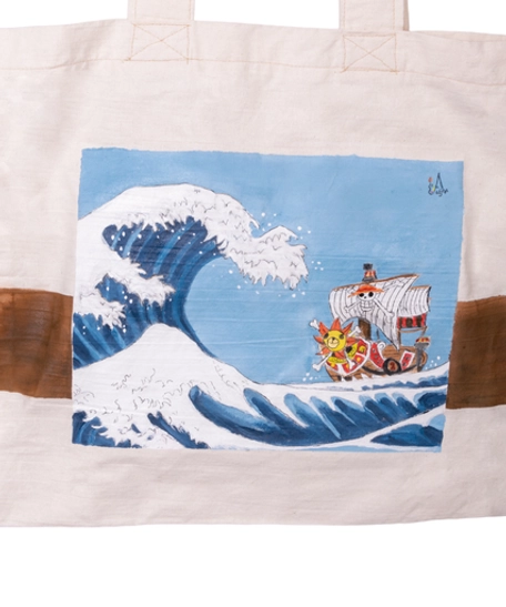 Beige Square Tote Bag with Hand Drawing of the Famous One Piece Anime Ship