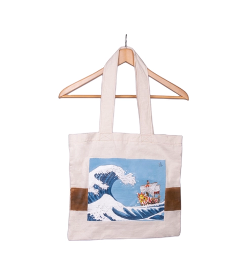 Beige Square Tote Bag with Hand Drawing of the Famous One Piece Anime Ship