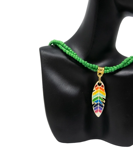 Handmade Green Beaded Necklace with a Colorful Leaf Pendant