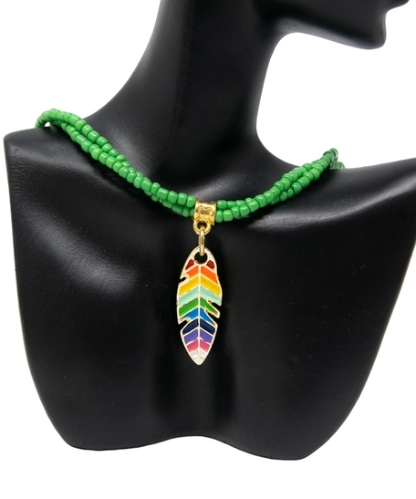 Handmade Green Beaded Necklace with a Colorful Leaf Pendant