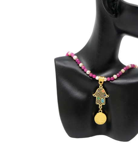 Handmade Fuchsia Beaded Necklace with a Golden Hamsa Hand Pendant