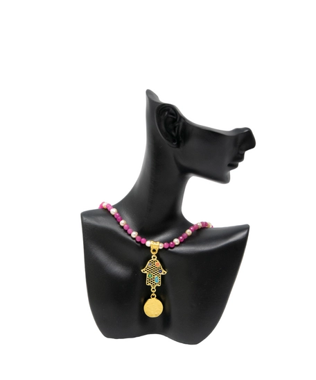 Handmade Fuchsia Beaded Necklace with a Golden Hamsa Hand Pendant