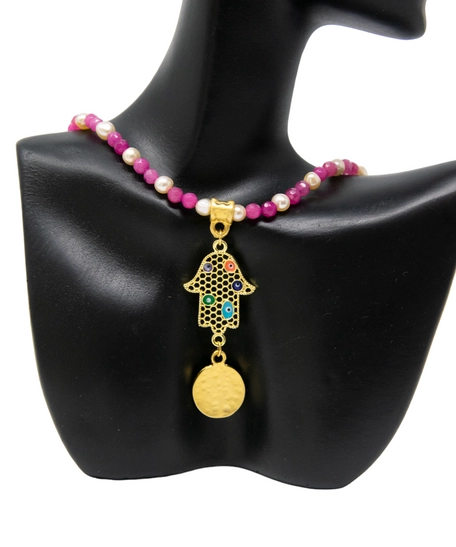 Handmade Fuchsia Beaded Necklace with a Golden Hamsa Hand Pendant