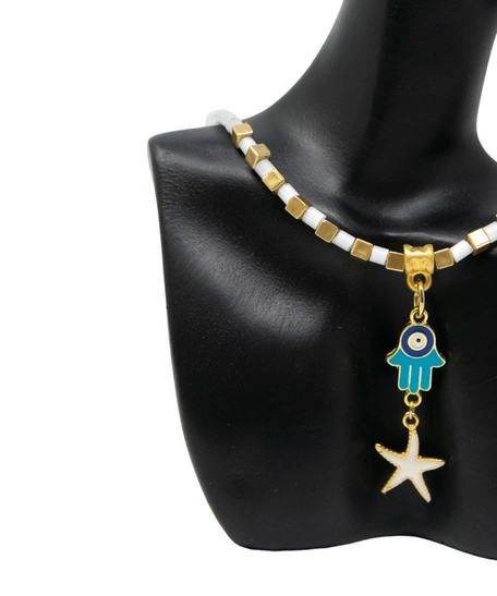 White and Gold Beaded Necklace with Hamsa Pendant and A Golden Star