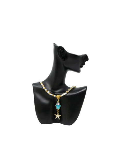 White and Gold Beaded Necklace with Hamsa Pendant and A Golden Star