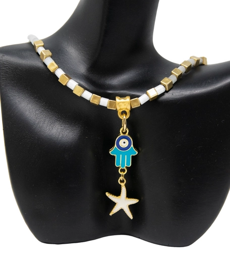 White and Gold Beaded Necklace with Hamsa Pendant and A Golden Star