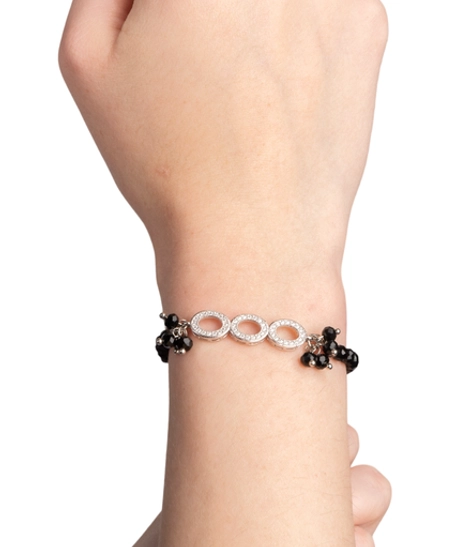 Black Beads Bracelet Decorated with Shiny Circular Pieces of Silver