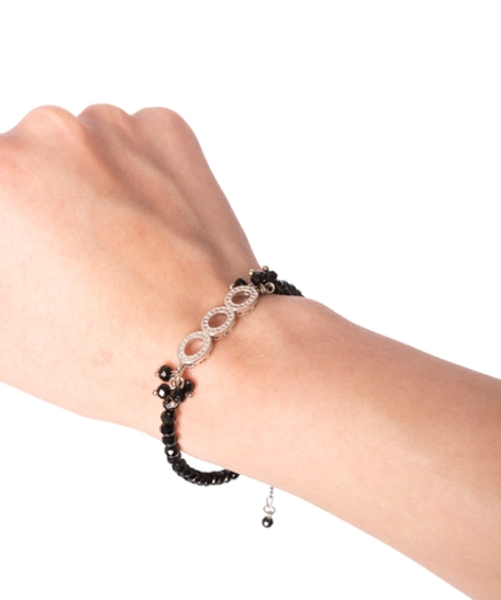 Black Beads Bracelet Decorated with Shiny Circular Pieces of Silver