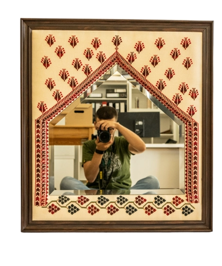 Square-shaped Wall Mirror with a Wooden Frame and Traditional Embroidery in Red