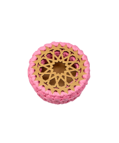 Handmade Mini Round Box of Wood and Crochet - Peach