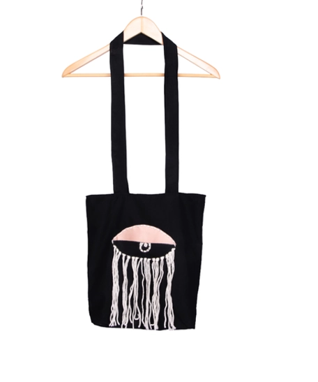 Large Black Tote Bag Decorated with An Eye Design and Beige Tassels