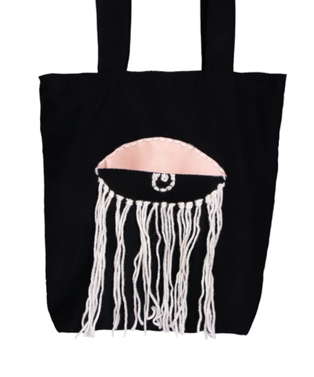 Large Black Tote Bag Decorated with An Eye Design and Beige Tassels