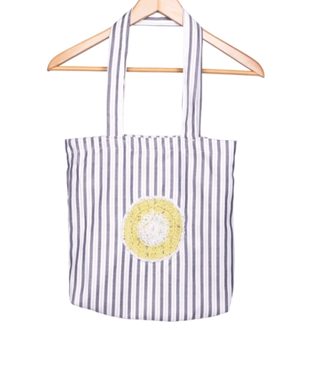 Black and White Striped Canvas Tote Bag Decorated with Yellow Cochet Circle