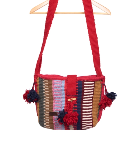 Bedouin-inspired Multicolored Crossbody Bag with Pom Pom Tassel