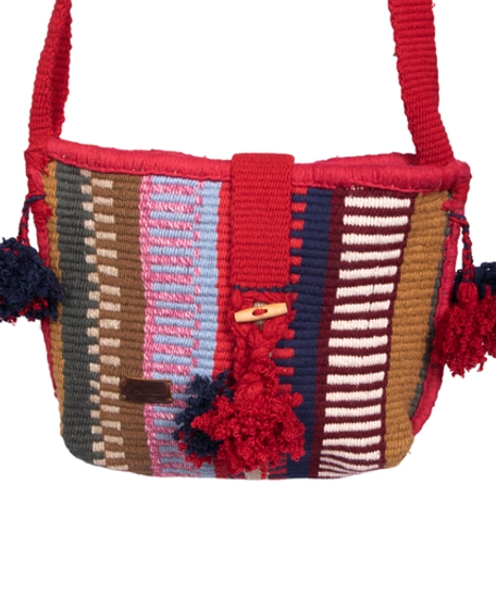 Bedouin-inspired Multicolored Crossbody Bag with Pom Pom Tassel