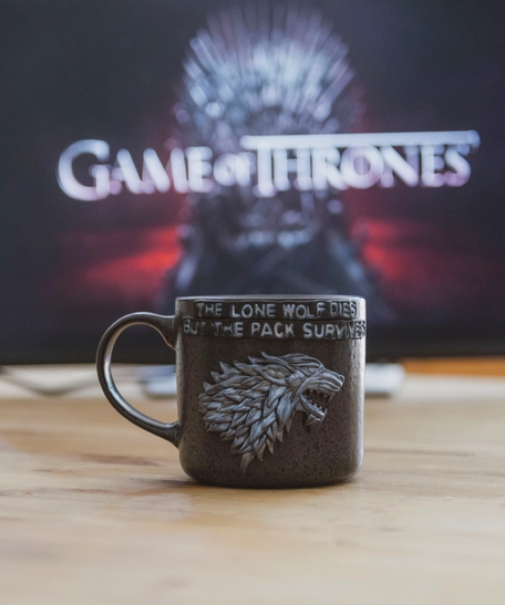 Black Coffee Mug Adorned with a 3D Design Inspired by Game of Thrones