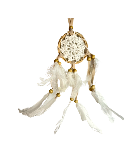 Handmade Crochet Dream Catcher in White and Beige Adorned with Dangling Feathers