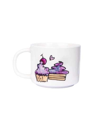 White Ceramic Mug with Colorful Cake Pieces Painted by Hand