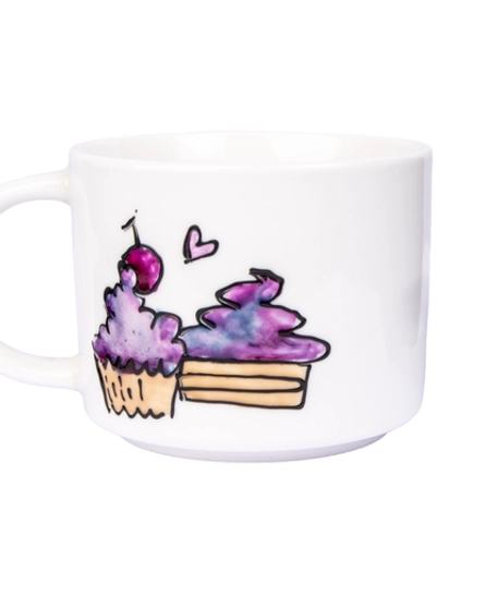 White Ceramic Mug with Colorful Cake Pieces Painted by Hand