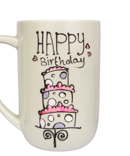 White Ceramic Mug with Hand Drawings of a Birthday Cake