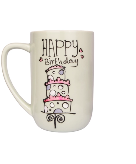 White Ceramic Mug with Hand Drawings of a Birthday Cake