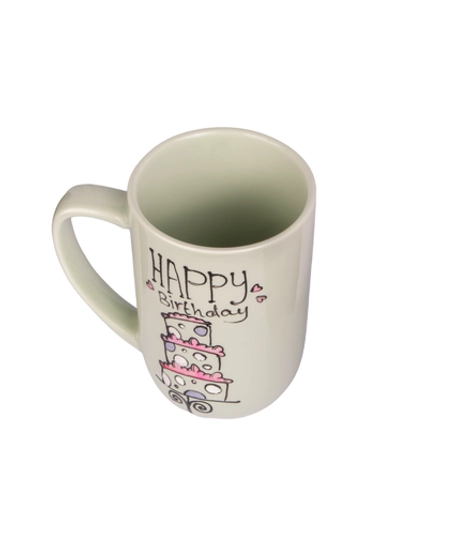 White Ceramic Mug with Hand Drawings of a Birthday Cake