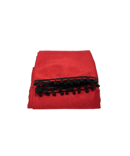  Picnic Blanket Made of Red Sadu Fabric Decorated with Black Tassels