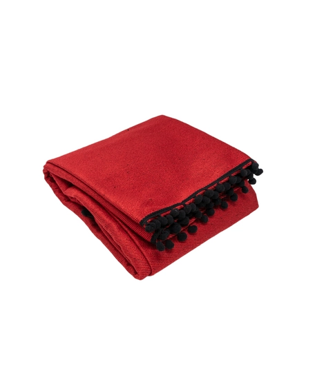  Picnic Blanket Made of Red Sadu Fabric Decorated with Black Tassels