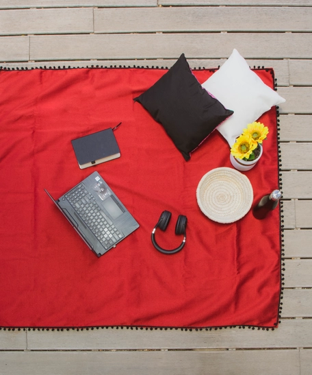  Picnic Blanket Made of Red Sadu Fabric Decorated with Black Tassels