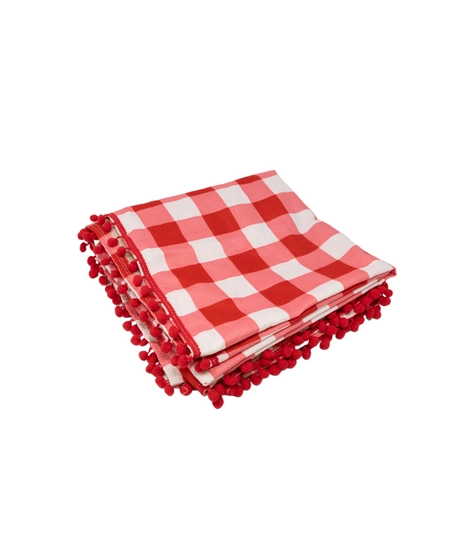 Checkered Red and White Picnic Blanket Decorated with Small Red Pompoms