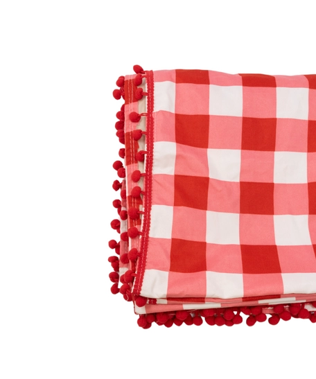 Checkered Red and White Picnic Blanket Decorated with Small Red Pompoms