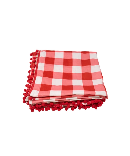 Checkered Red and White Picnic Blanket Decorated with Small Red Pompoms