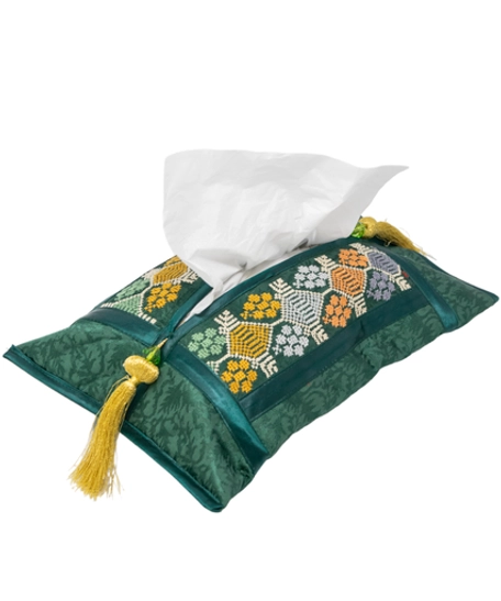 Elegantly Hand-Embroidered Dark Green Tissue Cover with Golden Tassels