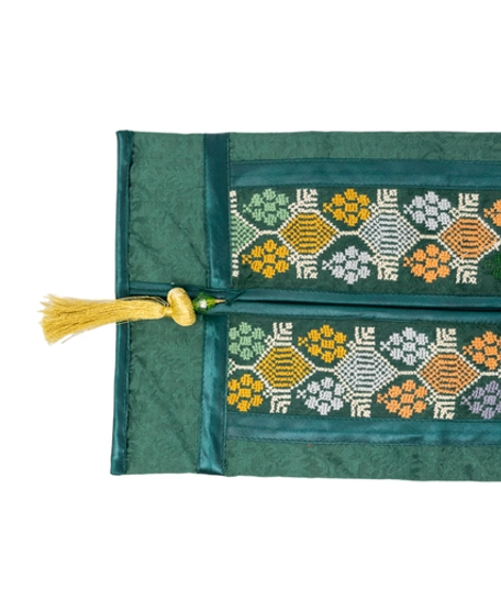 Elegantly Hand-Embroidered Dark Green Tissue Cover with Golden Tassels