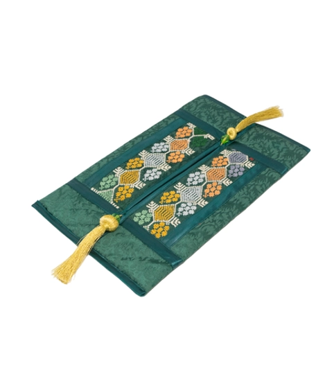 Elegantly Hand-Embroidered Dark Green Tissue Cover with Golden Tassels