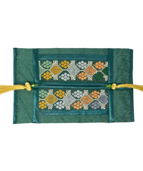 Elegantly Hand-Embroidered Dark Green Tissue Cover with Golden Tassels