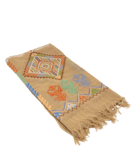 A beige shoulder scarf hand-embroidered with traditional patterns and vibrant colors