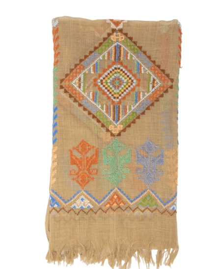 A beige shoulder scarf hand-embroidered with traditional patterns and vibrant colors