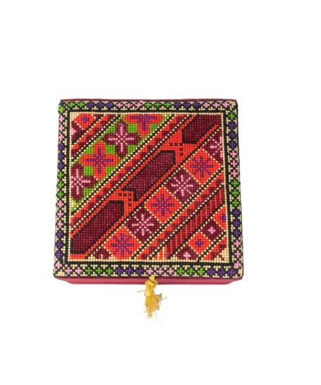 Handcrafted Red Storage Box Decorated with Peasant Embroidery and Gold Tassels