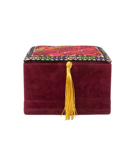 Handcrafted Red Storage Box Decorated with Peasant Embroidery and Gold Tassels