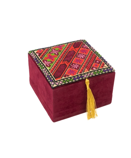 Handcrafted Red Storage Box Decorated with Peasant Embroidery and Gold Tassels